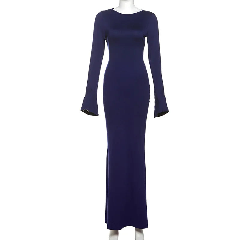 Open Back Maxi Dress with Bell Sleeves - Blueberry