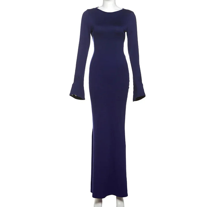 Open Back Maxi Dress with Bell Sleeves - Blueberry