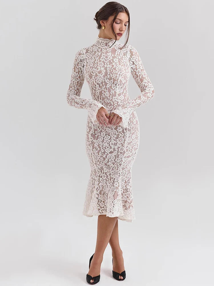 Midi lace dress with half turtleneck - Avia