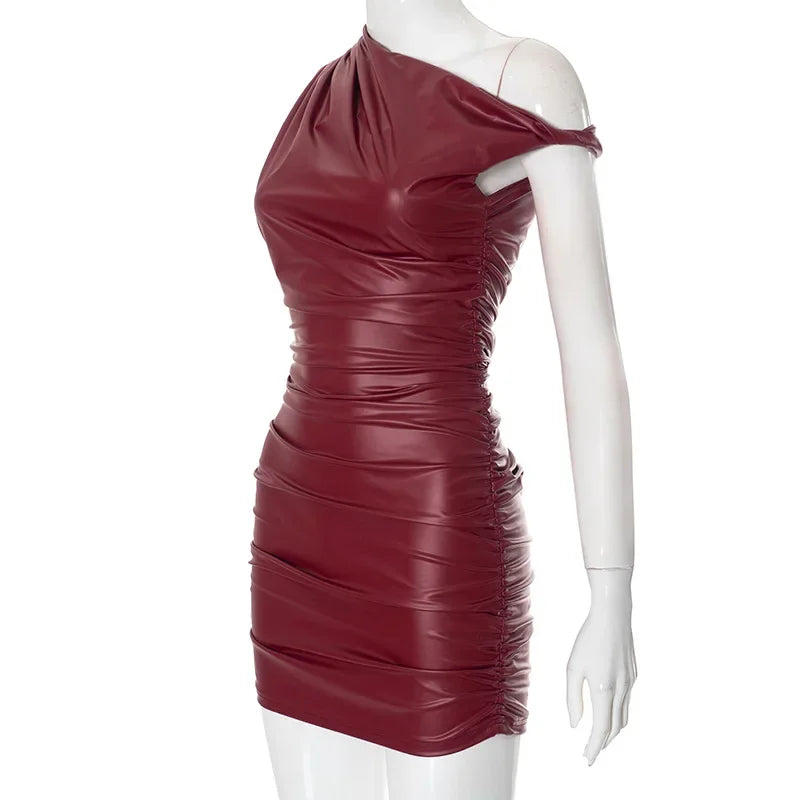 Mini faux leather dress with pleats and off-shoulder design - Meri