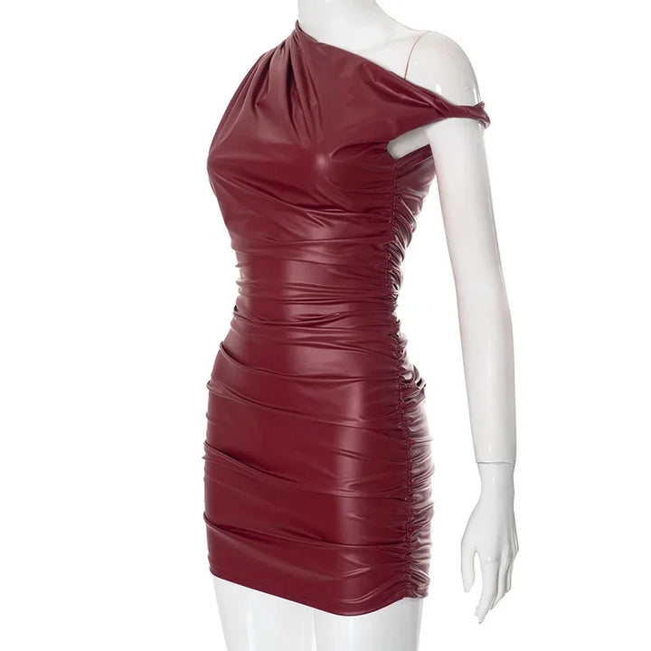 Mini faux leather dress with pleats and off-shoulder design - Meri