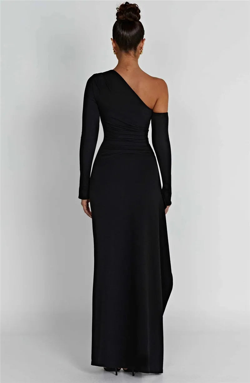 Ruffled maxi dress with shoulder slit and off-shoulder design - Melania