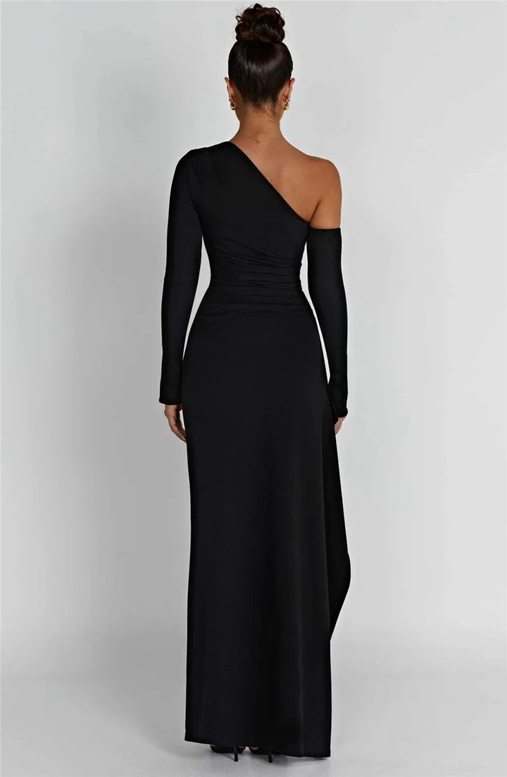 Ruffled maxi dress with shoulder slit and off-shoulder design - Melania