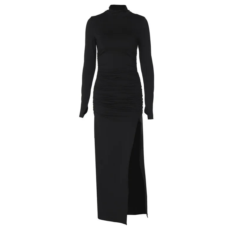 Maxi Dress with Ruching, Turtleneck, and Deep Slit - Sasha
