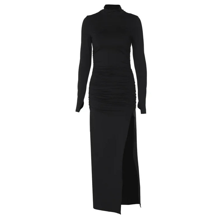 Maxi Dress with Ruching, Turtleneck, and Deep Slit - Sasha