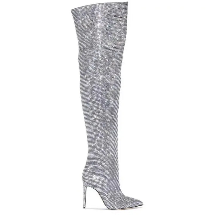 High Pointed Heel Boots with Sparkling Rhinestone Design - Josie
