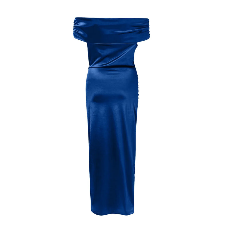 Maxi Satin Dress with Off-Shoulder Design and Slit - Harmoni