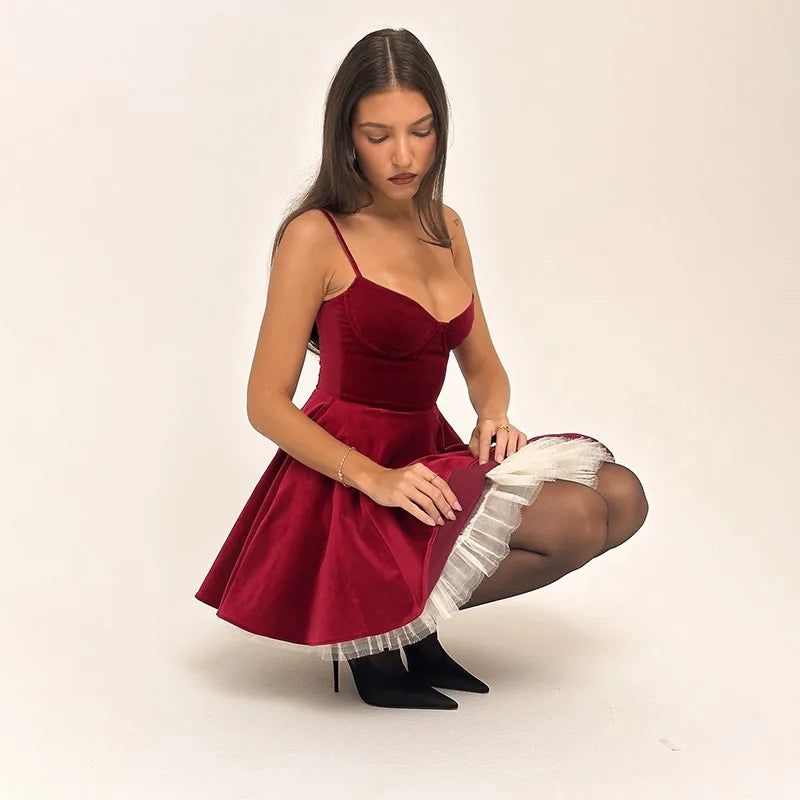 Velvet Ruffled Mini Dress with A-Line Cut - SOFIA