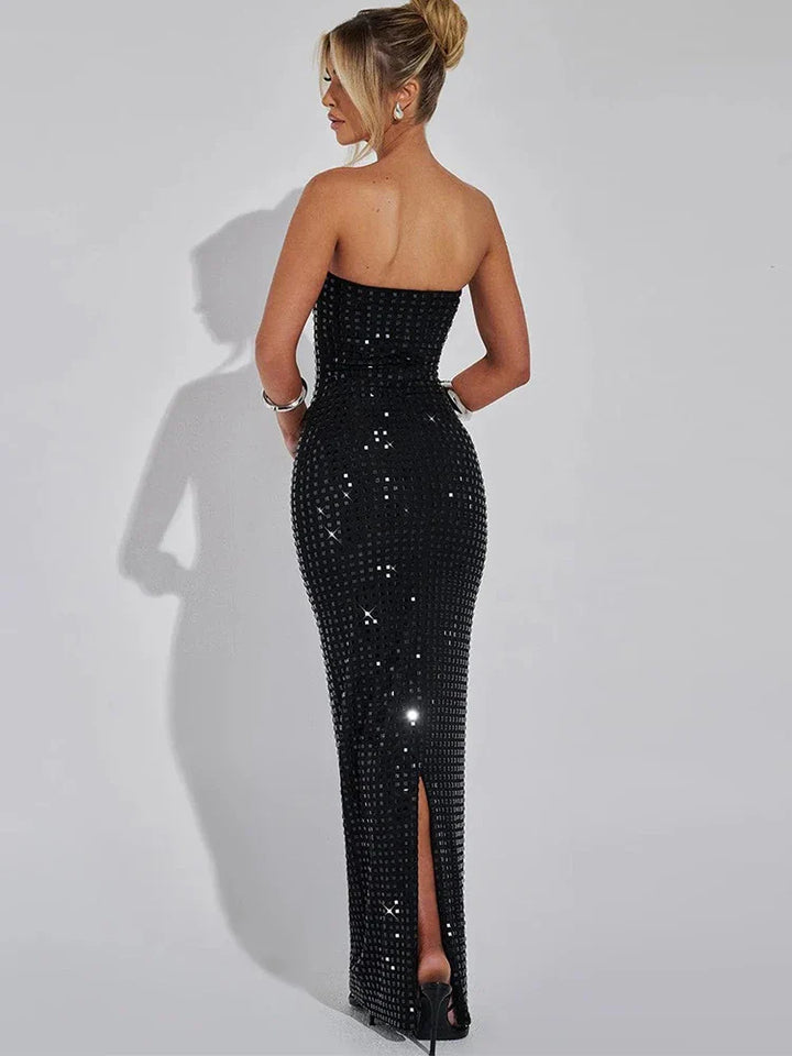 Maxi Strapless Dress with Sparkling Square Pattern - Melanie