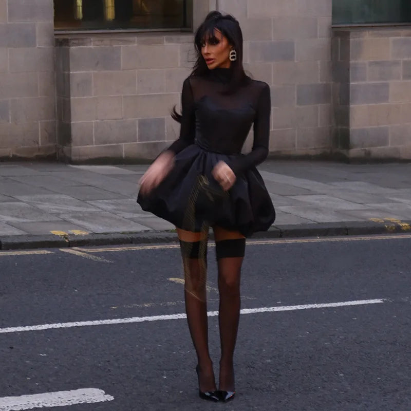 Balloon satin mini dress with mesh and half turtleneck design - Moran