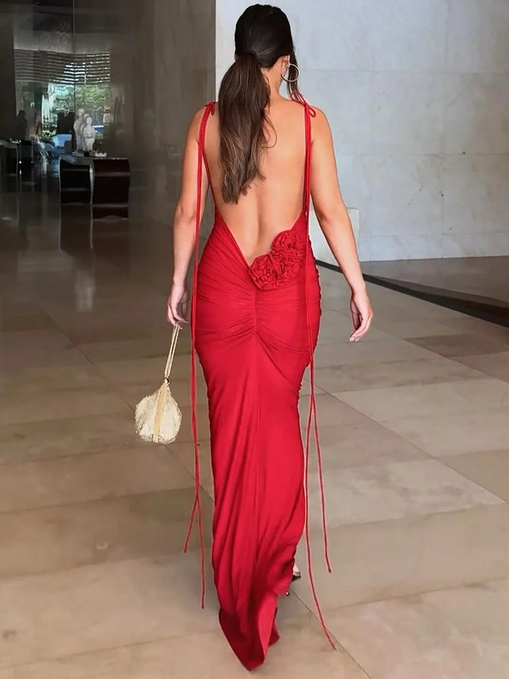 Fitted Maxi Dress with Floral Applique Detail and Open Back - Mariana