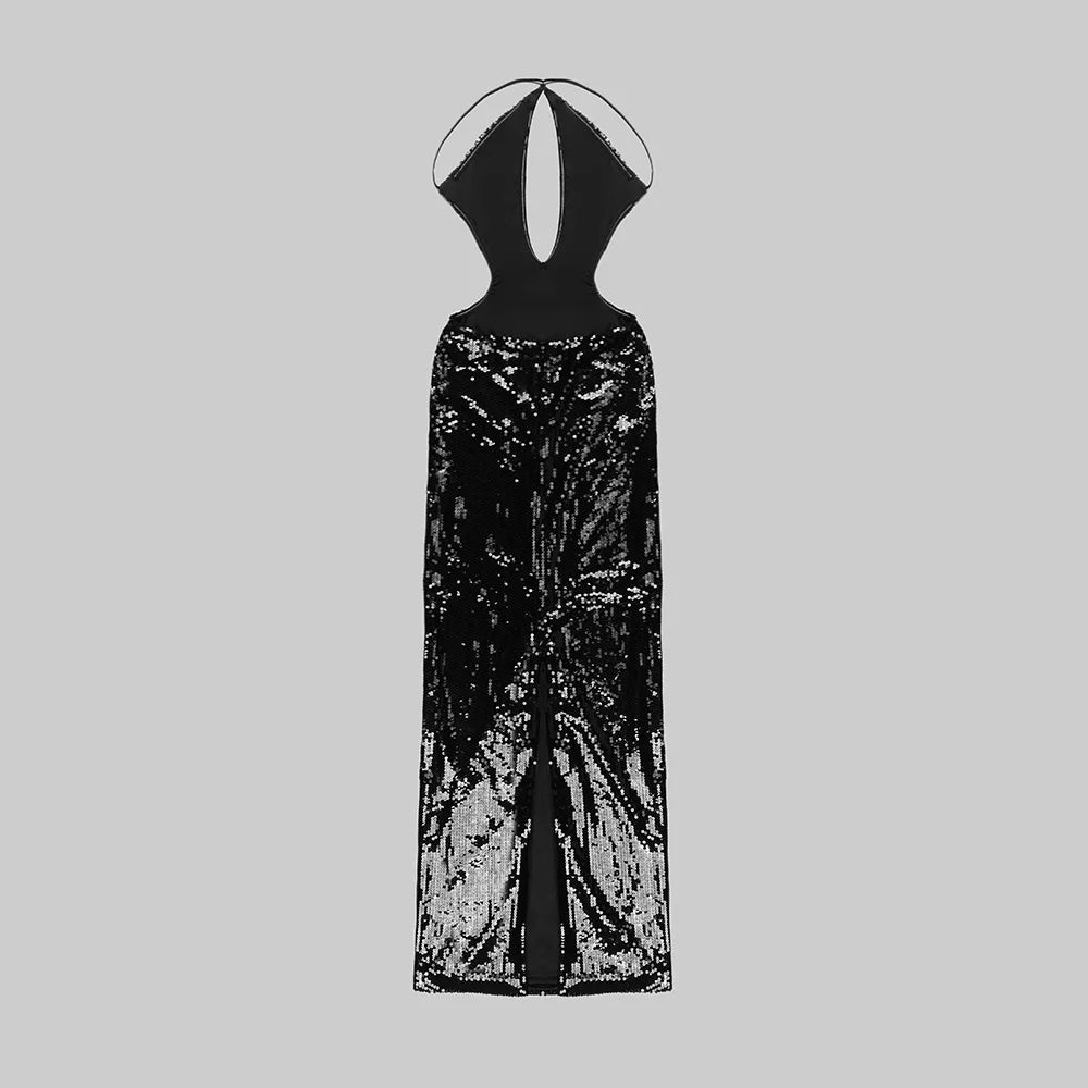 Sequin Maxi Dress with Cross Design and Open Back - Blake