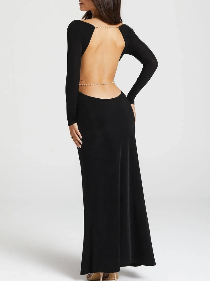 Maxi Dress with Open Back and Waist, Chain Decoration - Denis
