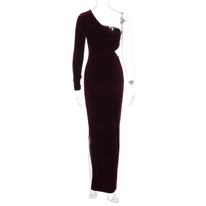 Velvet maxi dress with one sleeve and open back - Alina
