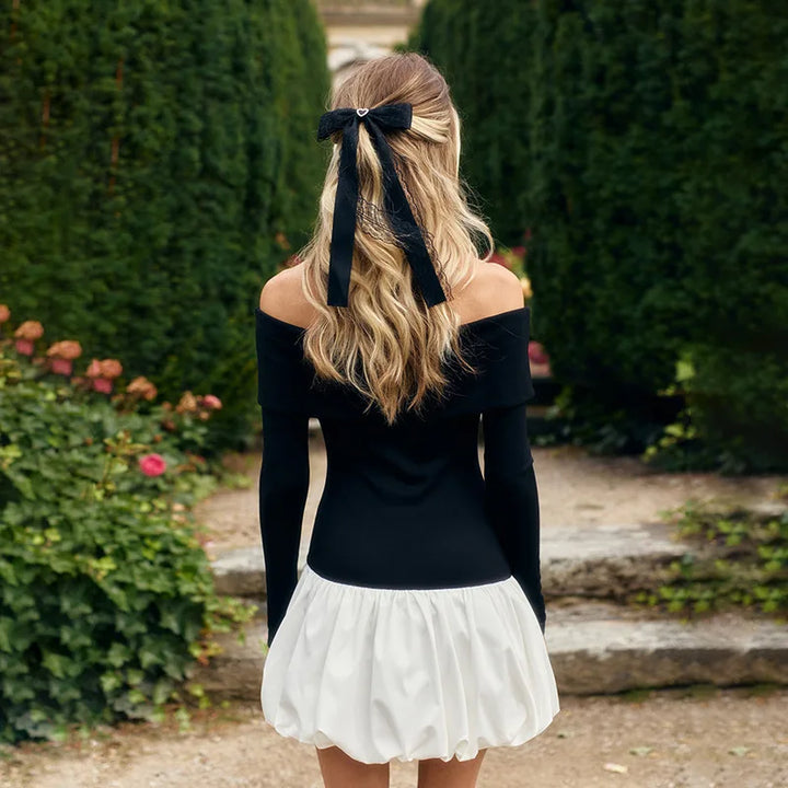 Monochrome balloon mini dress with bare shoulders - Lis