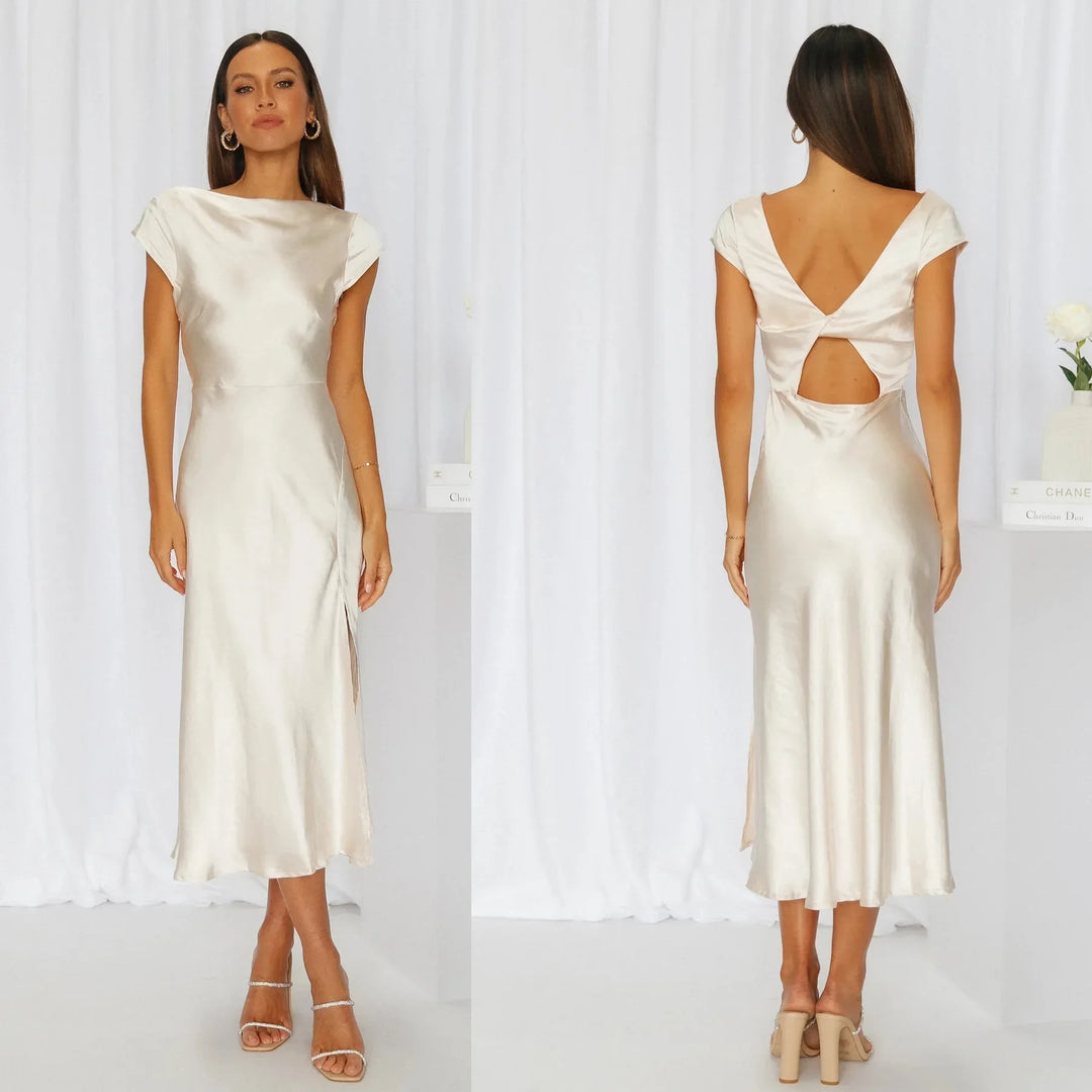 Midi satin dress with slit and open back design - Shray