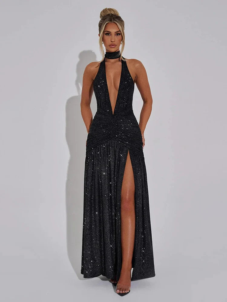 Glitter Maxi Dress with Slit, Deep V-Neck, Open Back, and Neck Tie - Emery