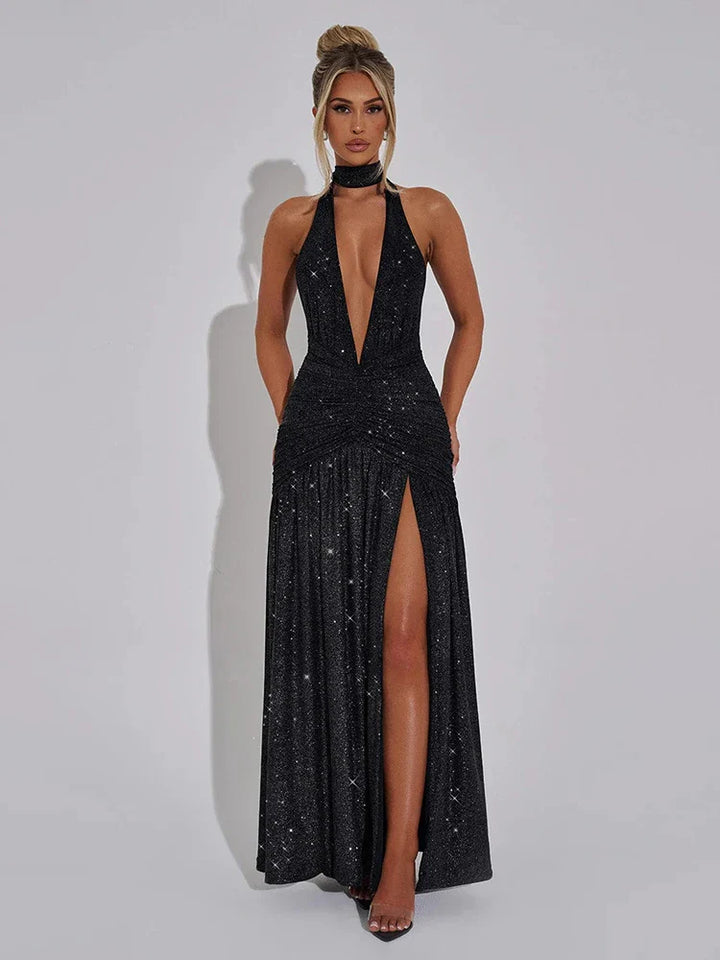 Glitter Maxi Dress with Slit, Deep V-Neck, Open Back, and Neck Tie - Emery