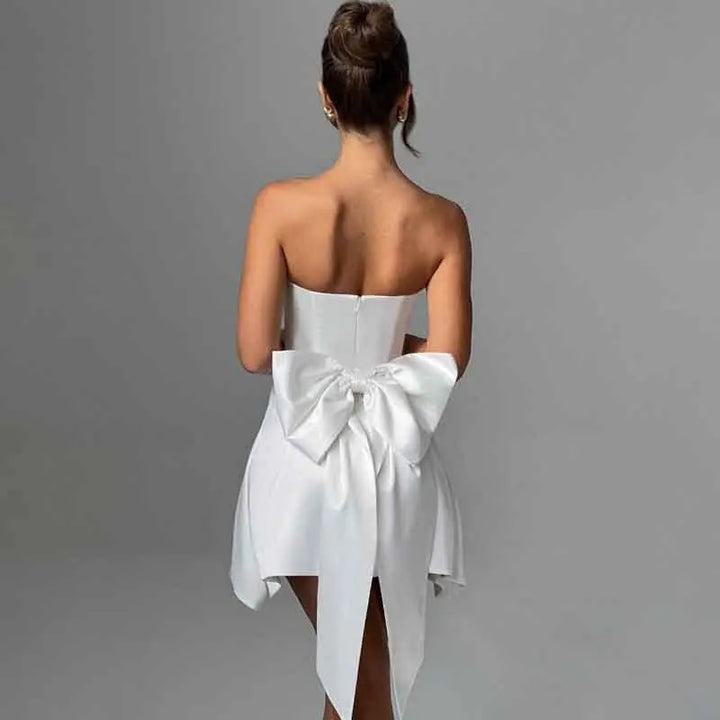Strapless Satin Mini Dress with A-Line and Asymmetric Bow Detail - Roselyn
