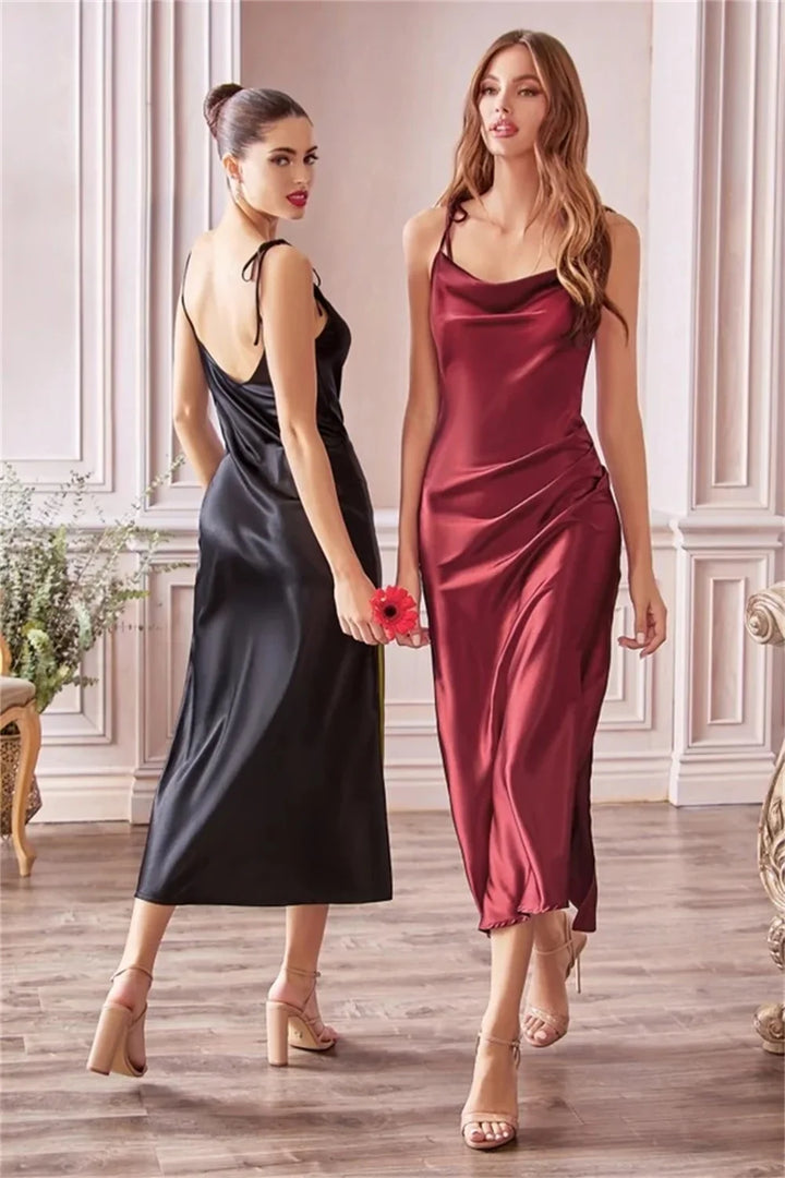 Midi Satin Dress with Slit Detail and Tie Straps - Linoy