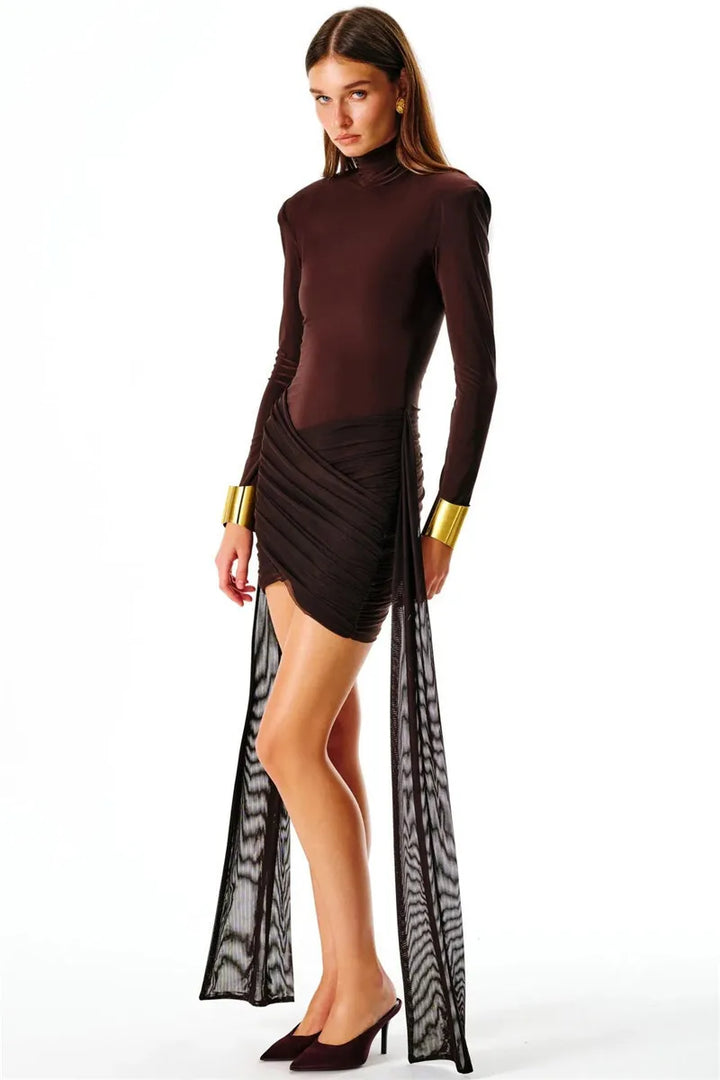 Mini turtleneck dress with chiffon ruched bottom, cross cut, and chiffon ruffle decoration - Marina