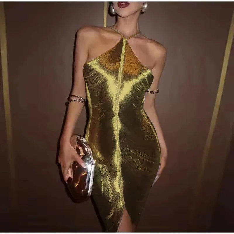 Mini Dress with Shiny Threads and Open Back - Georgia