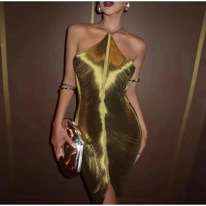 Mini Dress with Shiny Threads and Open Back - Georgia