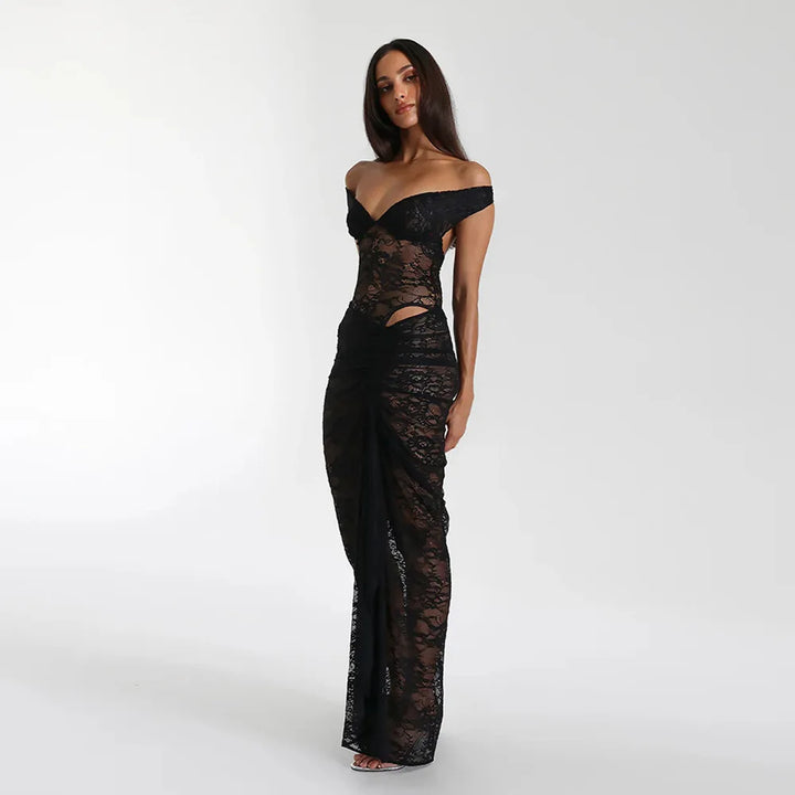 Maxi Lace Dress with Off-Shoulder and Slit Design - Emiliana