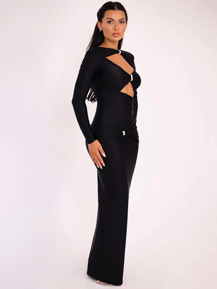 Elegant maxi shaping fabric dress with cutouts and sequins - Kesem