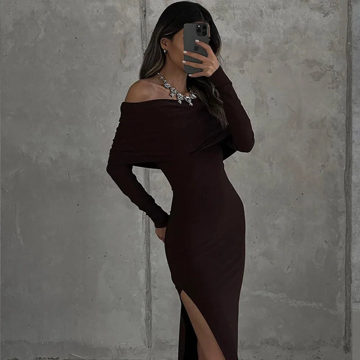Maxi evening dress with slit and off-the-shoulder design - Natali
