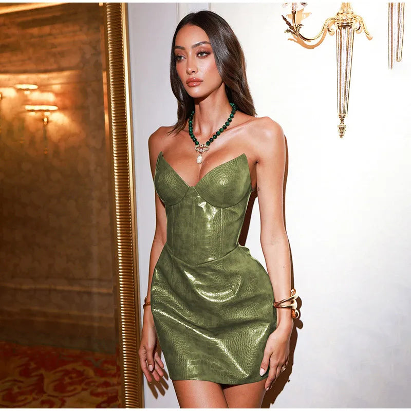 Strapless Faux Leather Mini Dress with Corset Design - Kailani