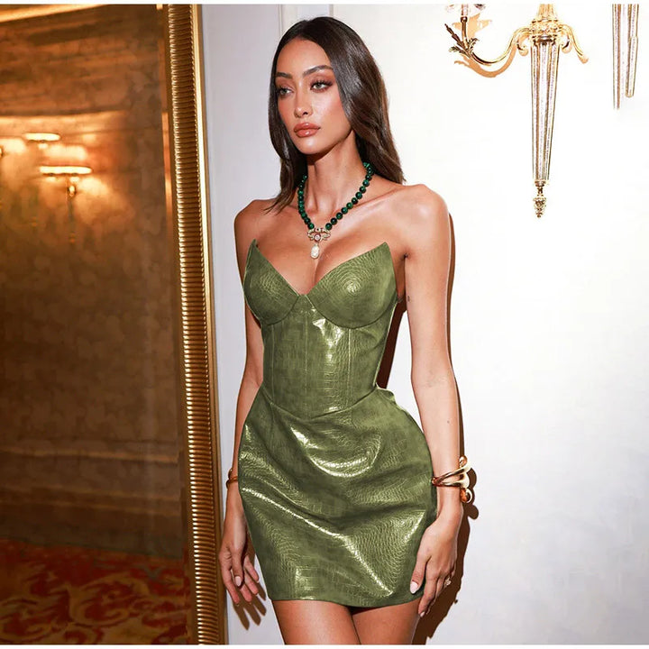 Strapless Faux Leather Mini Dress with Corset Design - Kailani