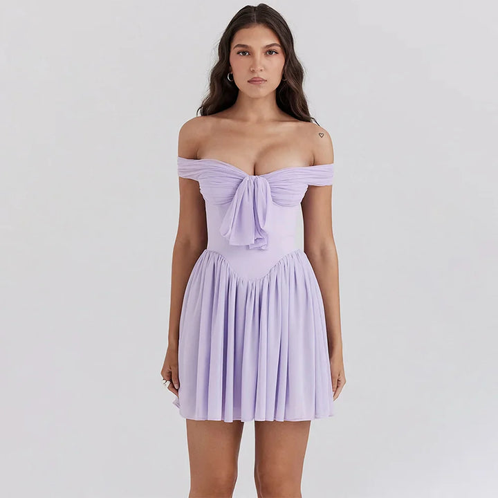 A-line Chiffon Mini Dress with Off-Shoulder - Naya