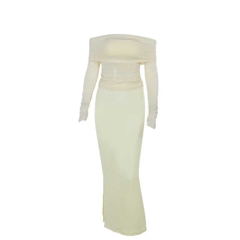 Two-piece set: maxi skirt and off-shoulder mesh top - Blina
