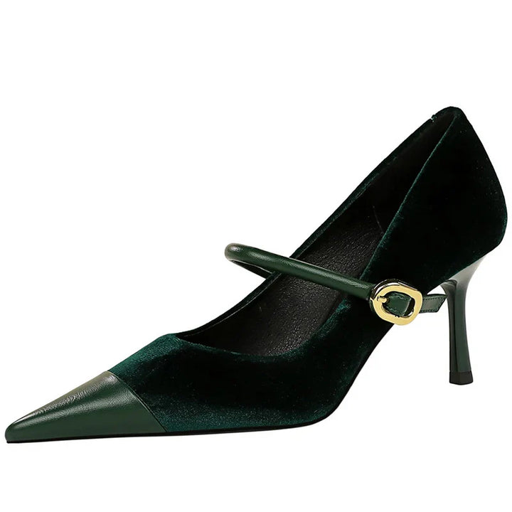 Pointed Heel Shoes with Velvet and Faux Leather Buckle Decoration - Mabel