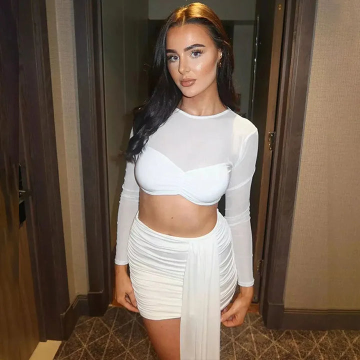 Two-piece set mini ruched skirt with train and mesh top with ruching design - Britney