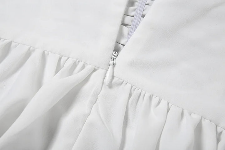 White mini dress in A-line cut with rustic design - AYLIN