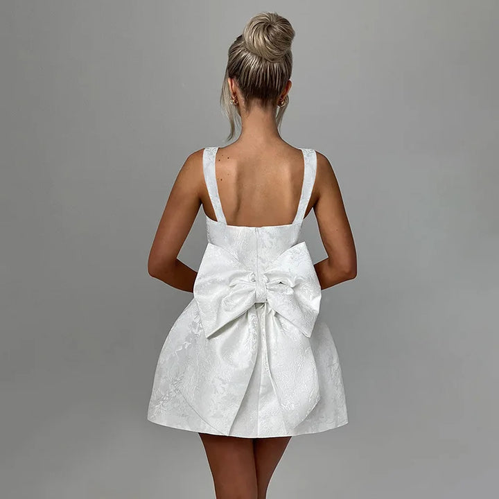 Mini dress with floral illustration print and bow detail on the back - Louisa