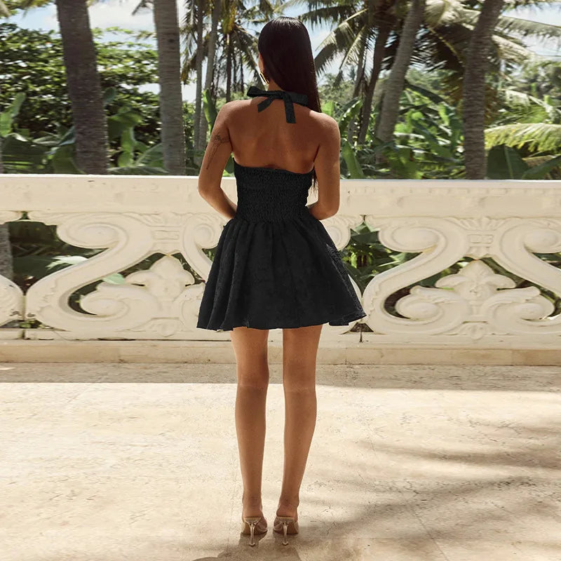 A-Line Mini Dress with Floral Embroidery and Neck Tie - Al Arieh