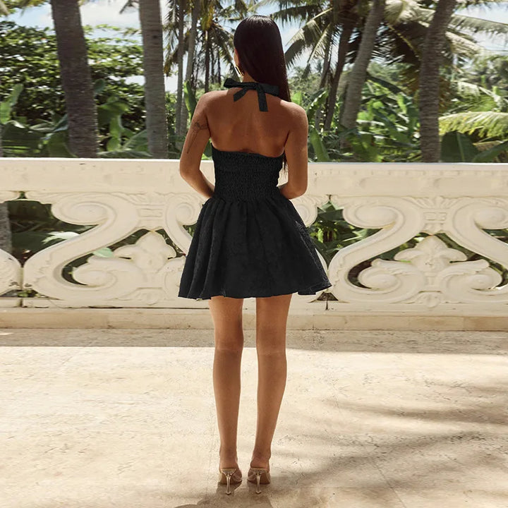A-Line Mini Dress with Floral Embroidery and Neck Tie - Al Arieh