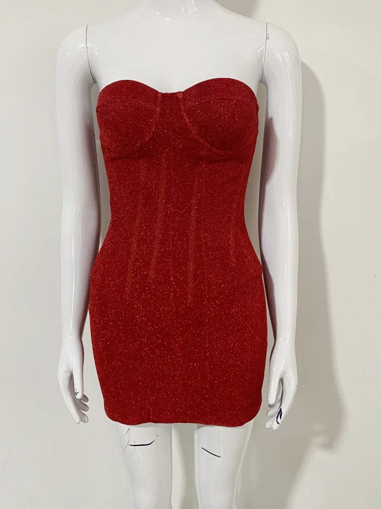 Strapless mini dress with sequins and back ties for slimming and fitting - Tohar