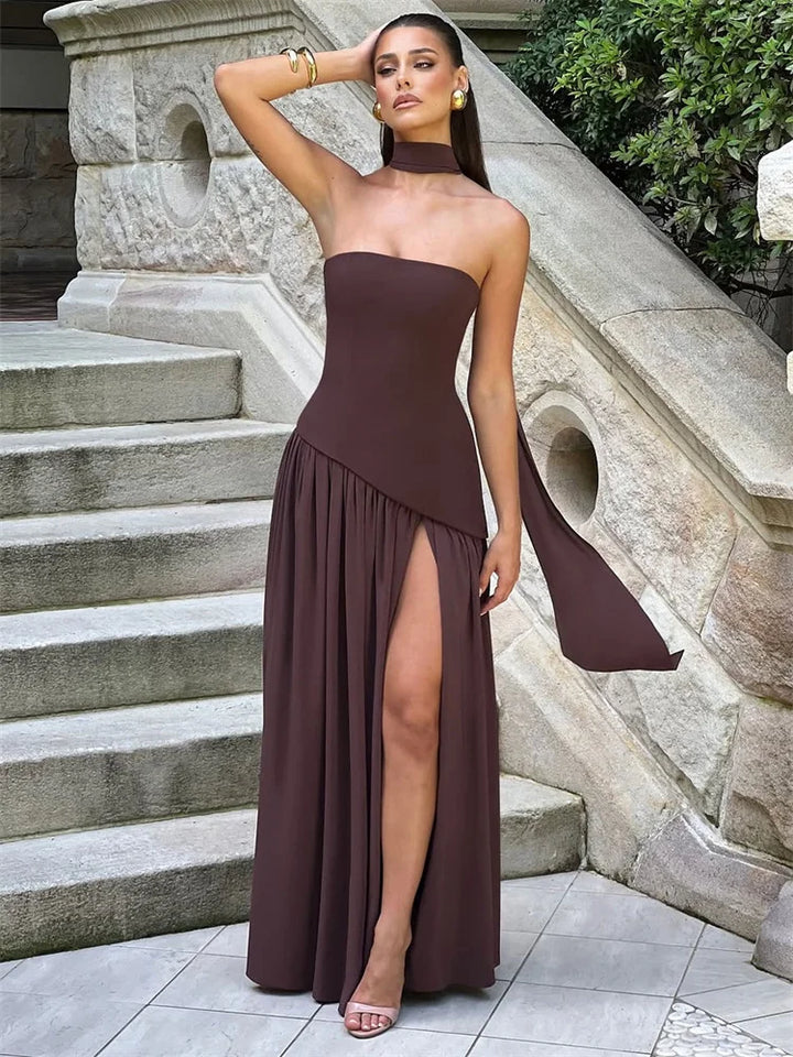 Maxi Strapless Dress with Back Tie, Chiffon Skirt, Slit, and Matching Scarf - Zora