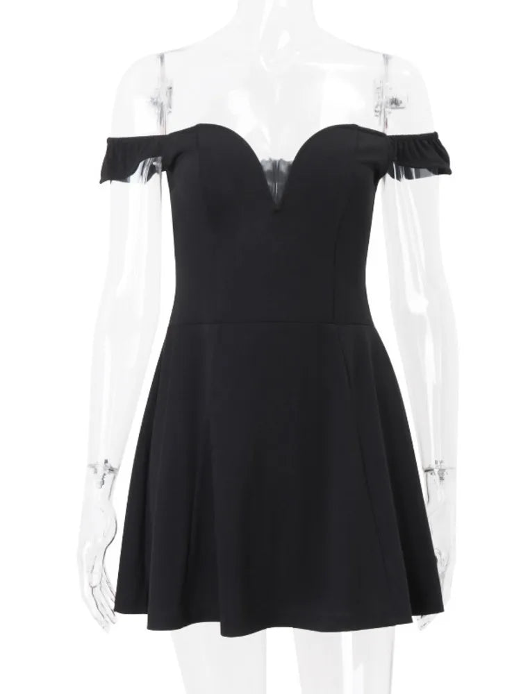 Mini A-line dress with off-shoulder V-neck - AMOR