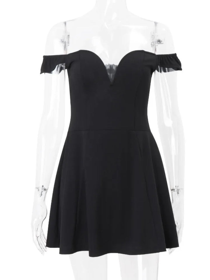 Mini A-line dress with off-shoulder V-neck - AMOR