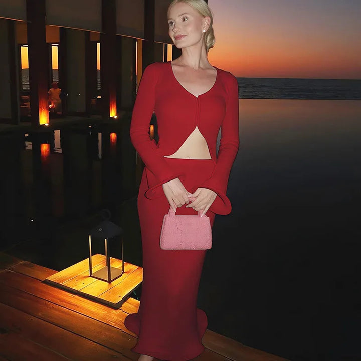 Knitted Two-Piece Set with Buttoned Top and Maxi Skirt - PARIS