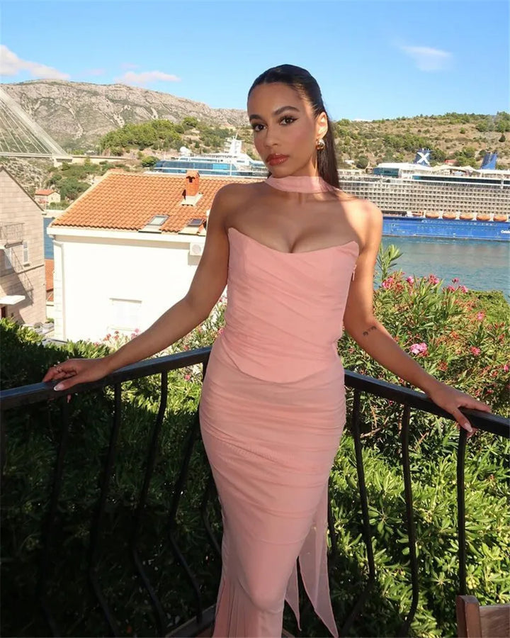 Two-Piece Set with Strapless Top and Maxi Skirt with Matching Scarf Detail - Francia