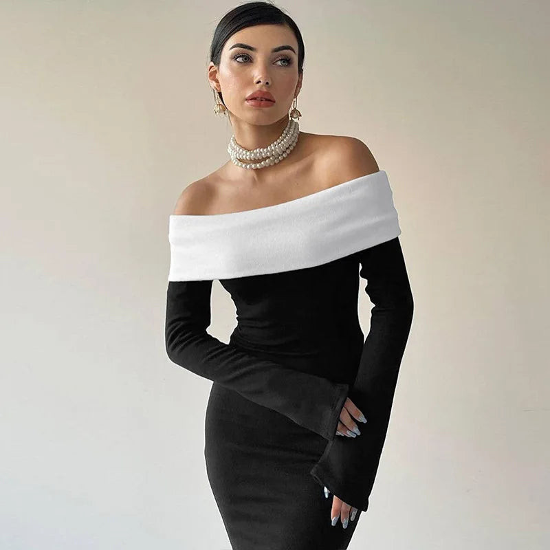 Monochrome Off-Shoulder Maxi Dress - Shindy