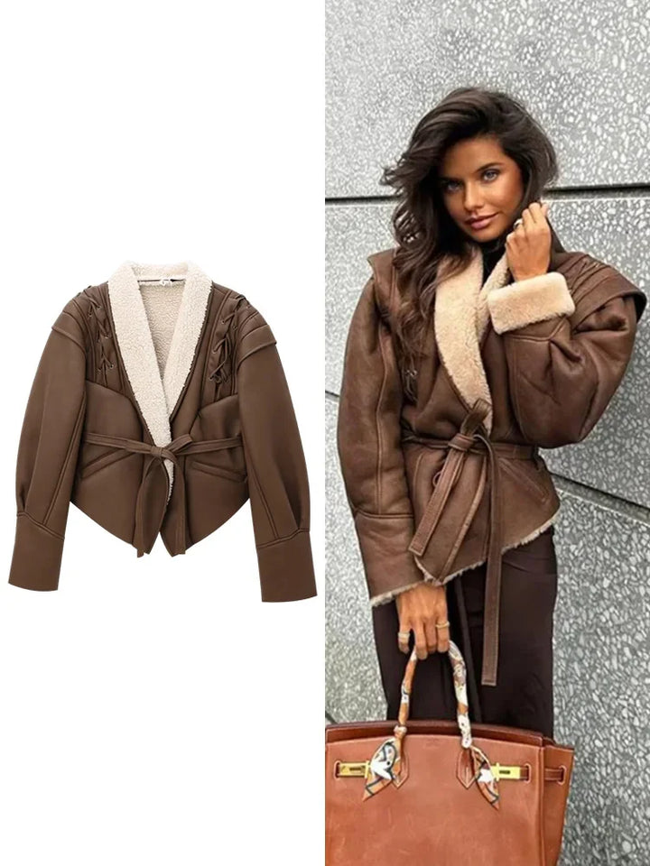 Leather coat with inner fur and belt tie design - Moran