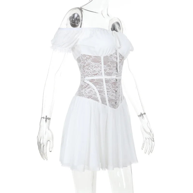 Balloon mini dress with off-shoulder lace trim - Fudge