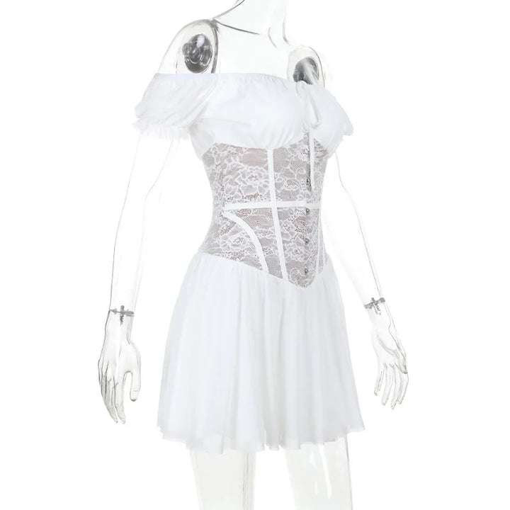 Balloon mini dress with off-shoulder lace trim - Fudge